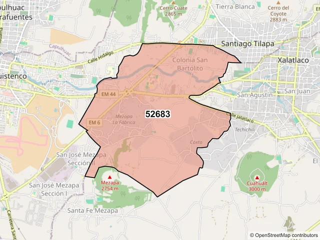 Mapa del código postal 52683, Xalatlaco, México