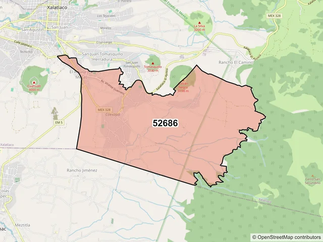 Mapa del código postal 52686, Xalatlaco, México