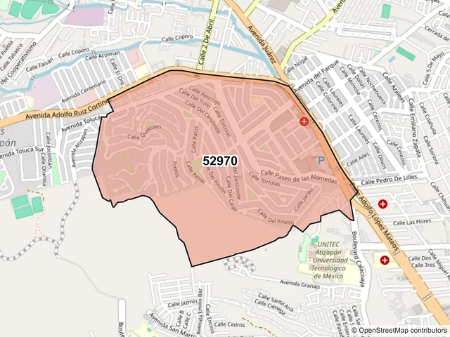 Mapa del código postal 52970, Atizapán de Zaragoza, México
