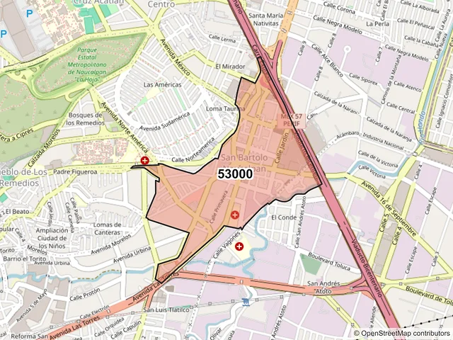 Mapa del código postal 53000, Naucalpan de Juárez, México
