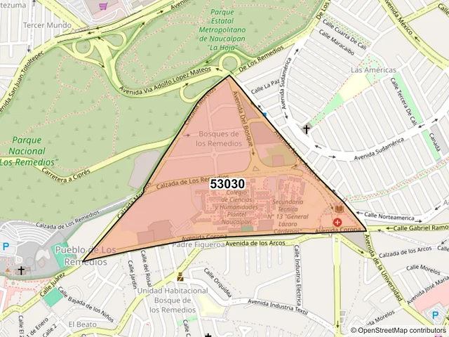 Mapa del código postal 53030, Naucalpan de Juárez, México