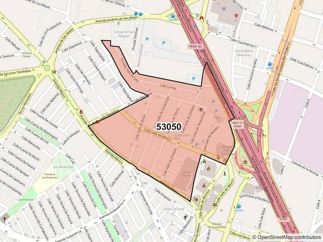 Mapa del código postal 53050, Naucalpan de Juárez, México