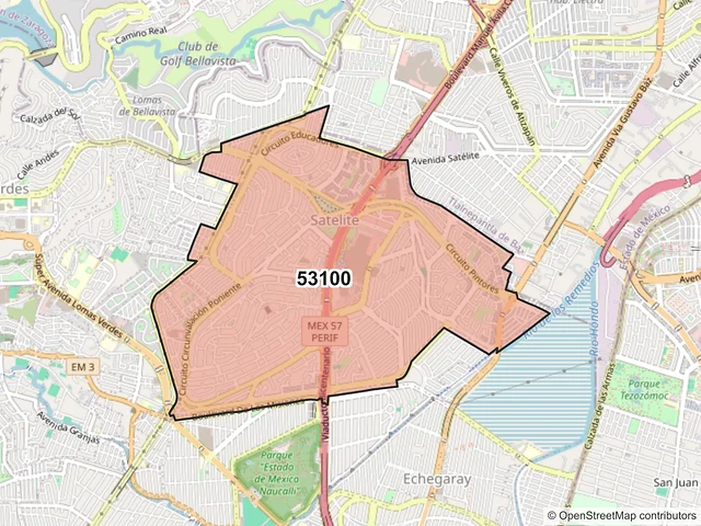 Mapa del código postal 53100, Naucalpan de Juárez, México