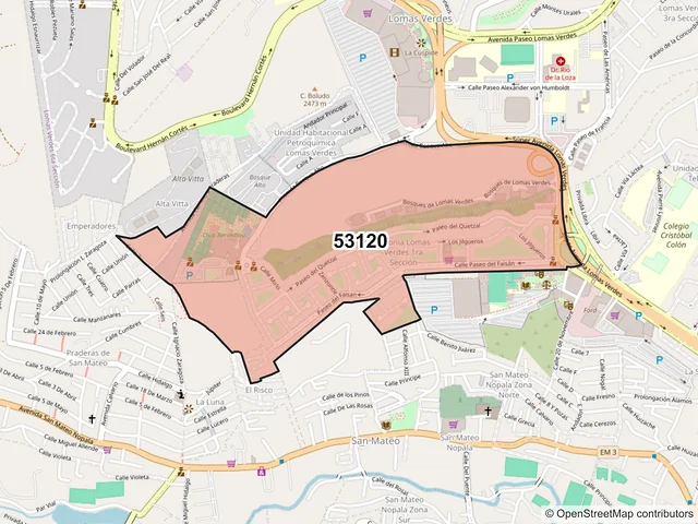 Mapa del código postal 53120, Naucalpan de Juárez, México