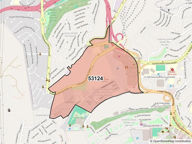 Mapa del código postal 53124, Naucalpan de Juárez, México