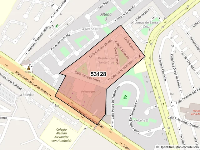 Mapa del código postal 53128, Naucalpan de Juárez, México