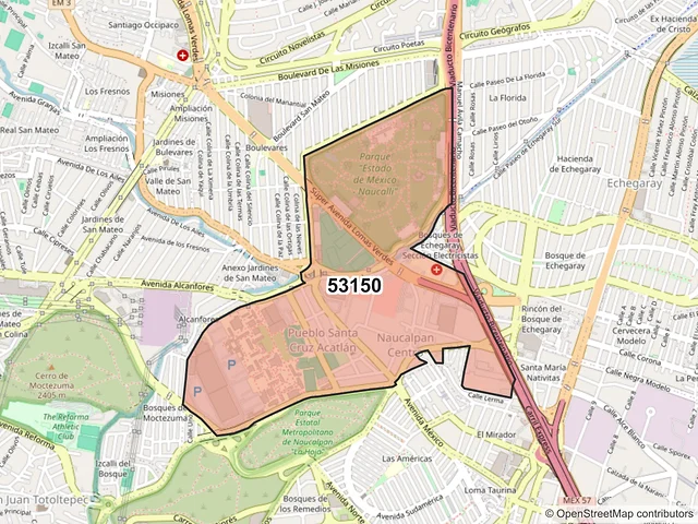 Mapa del código postal 53150, Naucalpan de Juárez, México