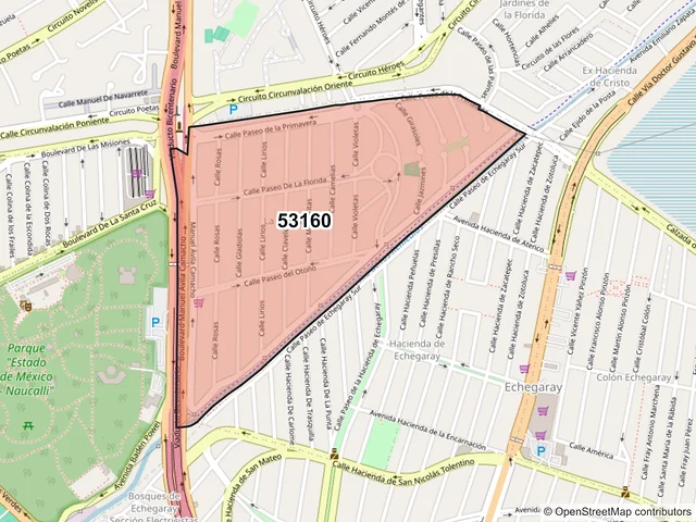 Mapa del código postal 53160, Naucalpan de Juárez, México