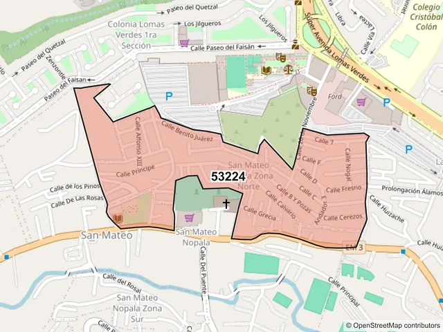 Mapa del código postal 53224, Naucalpan de Juárez, México