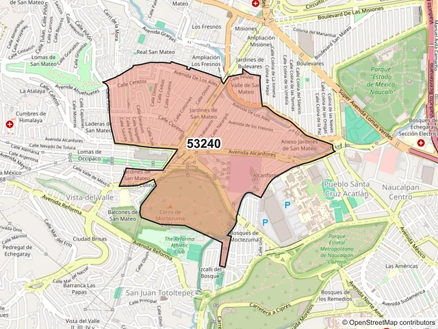 Mapa del código postal 53240, Naucalpan de Juárez, México