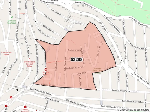 Mapa del código postal 53298, Naucalpan de Juárez, México