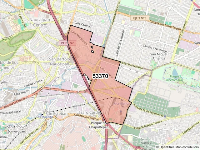 Mapa del código postal 53370, Naucalpan de Juárez, México