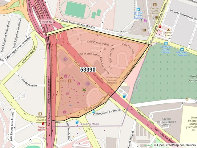 Mapa del código postal 53390, Naucalpan de Juárez, México