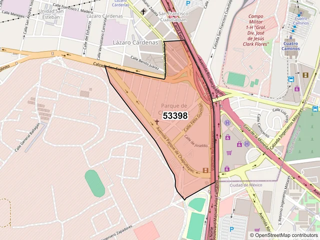 Mapa del código postal 53398, Naucalpan de Juárez, México