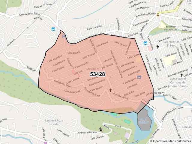 Mapa del código postal 53428, Naucalpan de Juárez, México