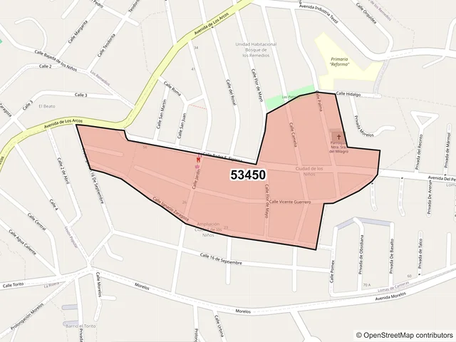 Mapa del código postal 53450, Naucalpan de Juárez, México