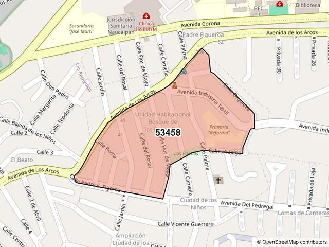 Mapa del código postal 53458, Naucalpan de Juárez, México