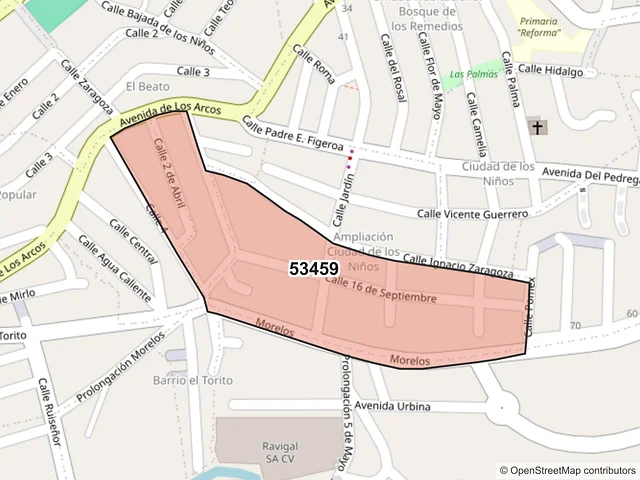 Mapa del código postal 53459, Naucalpan de Juárez, México