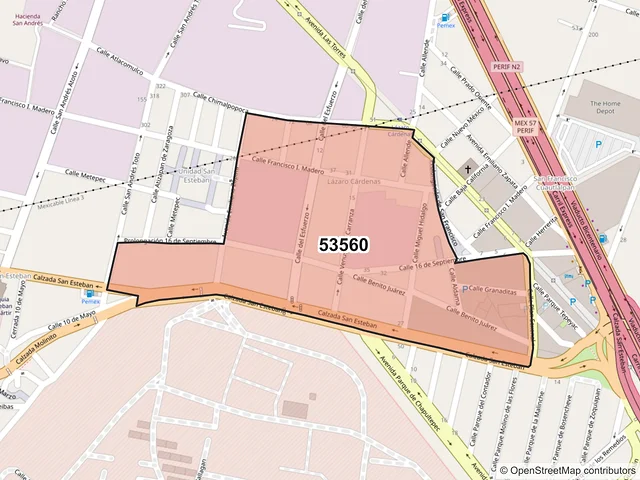 Mapa del código postal 53560, Naucalpan de Juárez, México