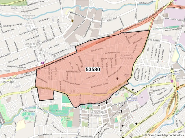 Mapa del código postal 53580, Naucalpan de Juárez, México