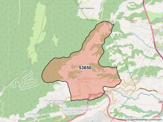Mapa del código postal 53650, Naucalpan de Juárez, México