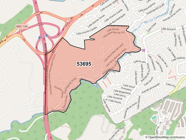 Mapa del código postal 53695, Naucalpan de Juárez, México