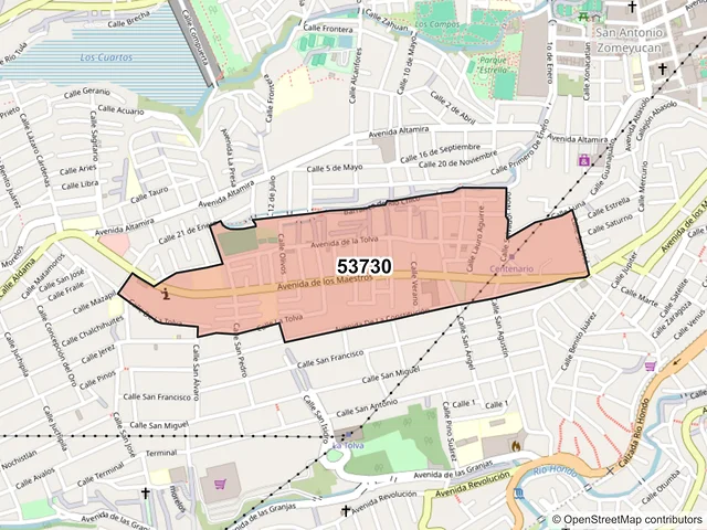 Mapa del código postal 53730, Naucalpan de Juárez, México