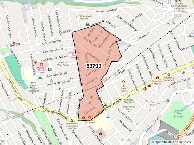 Mapa del código postal 53799, Naucalpan de Juárez, México