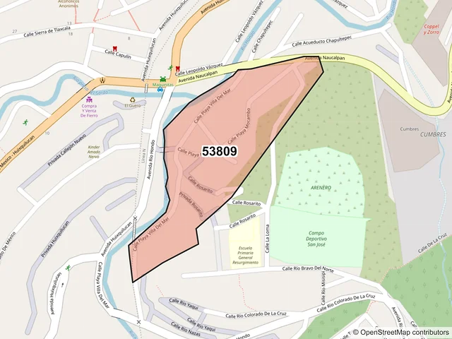 Mapa del código postal 53809, Naucalpan de Juárez, México