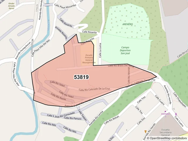 Mapa del código postal 53819, Naucalpan de Juárez, México