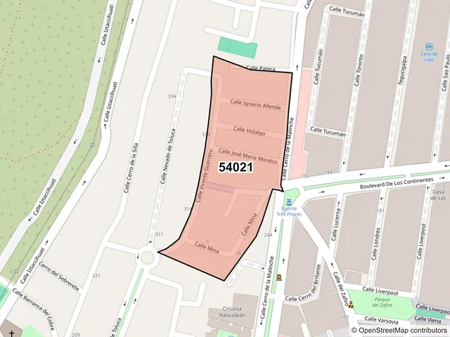 Mapa del código postal 54021, Tlalnepantla de Baz, México