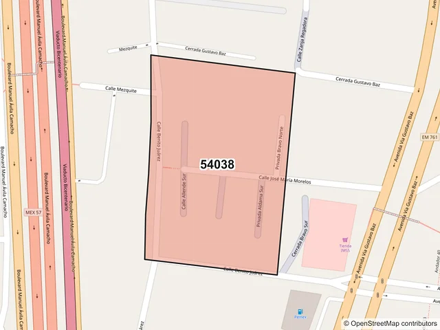 Mapa del código postal 54038, Tlalnepantla de Baz, México