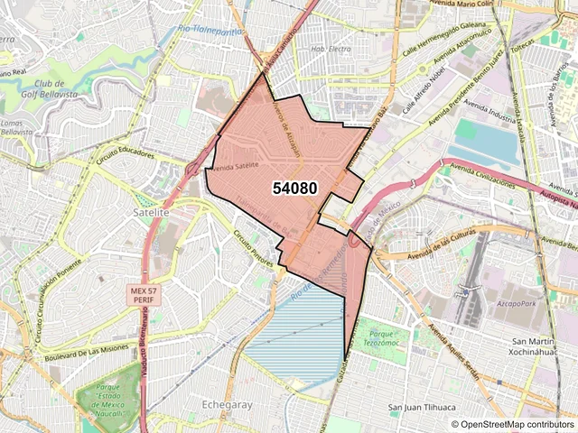 Mapa del código postal 54080, Tlalnepantla de Baz, México