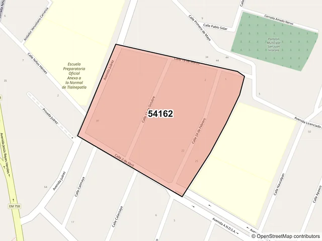 Mapa del código postal 54162, Tlalnepantla de Baz, México