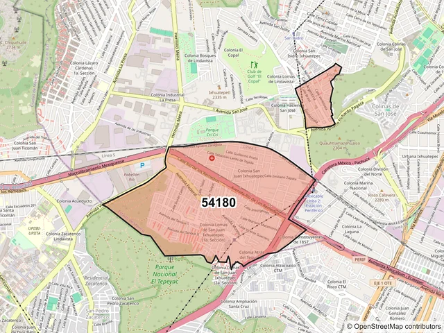 Mapa del código postal 54180, Tlalnepantla de Baz, México