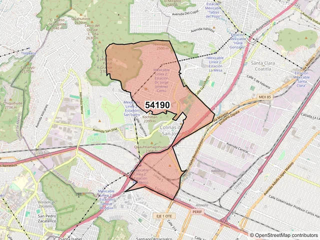 Mapa del código postal 54190, Tlalnepantla de Baz, México