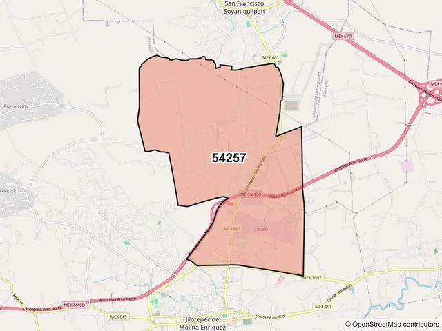 Mapa del código postal 54257, Jilotepec, México