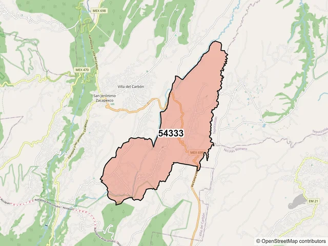 Mapa del código postal 54333, Villa del Carbón, México