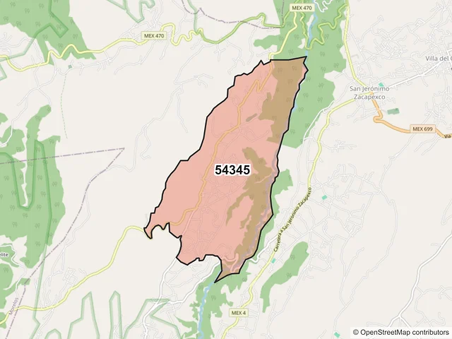 Mapa del código postal 54345, Villa del Carbón, México