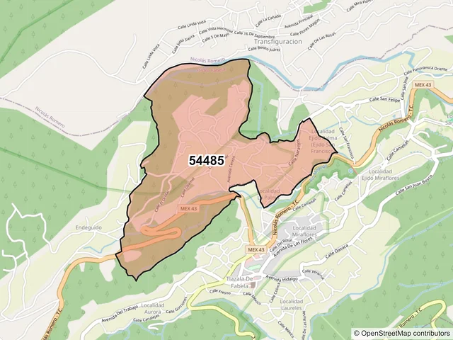 Mapa del código postal 54485, Isidro Fabela, México