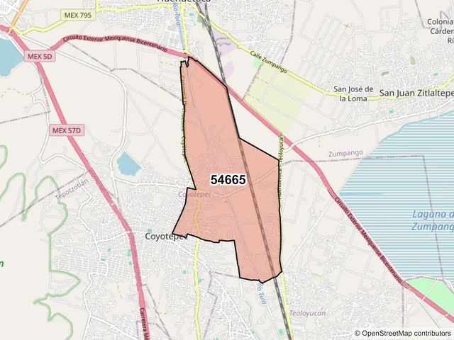 Mapa del código postal 54665, Coyotepec, México