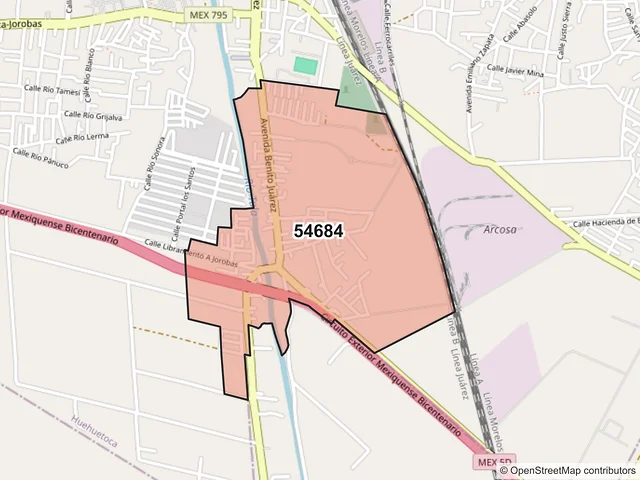 Mapa del código postal 54684, Huehuetoca, México