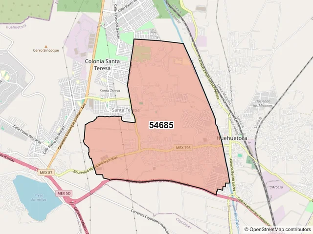 Mapa del código postal 54685, Huehuetoca, México