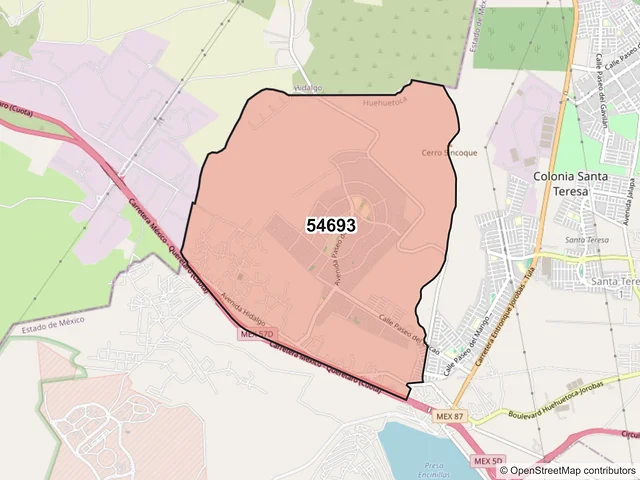 Mapa del código postal 54693, Huehuetoca, México