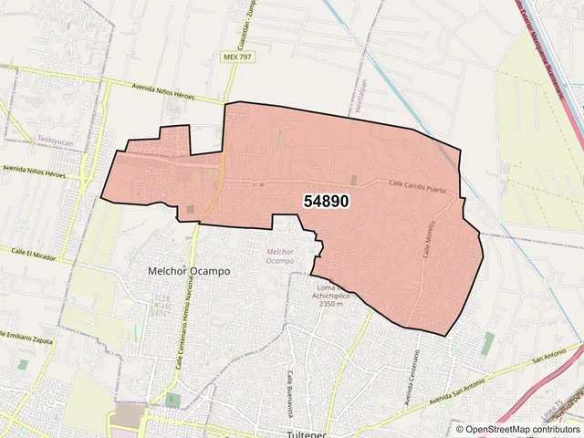 Mapa del código postal 54890, Melchor Ocampo, México