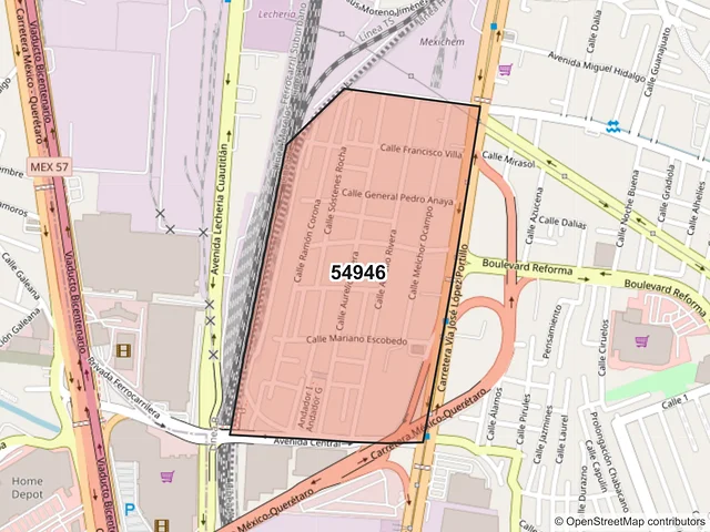 Mapa del código postal 54946, Tultitlán, México