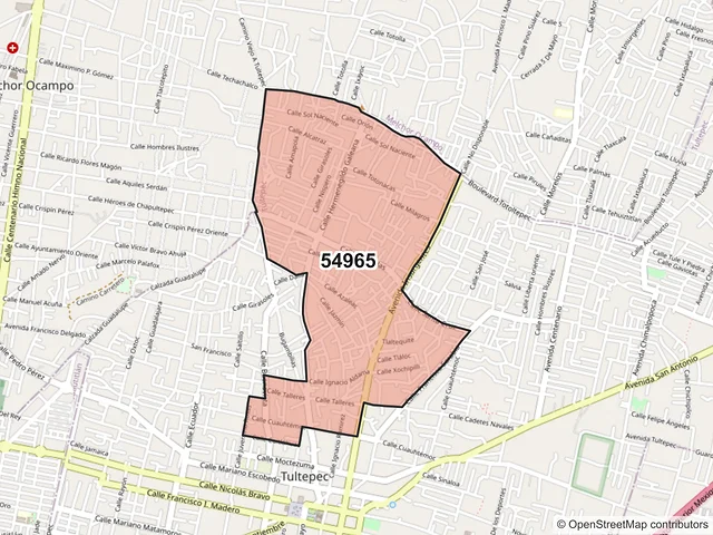 Mapa del código postal 54965, Tultepec, México