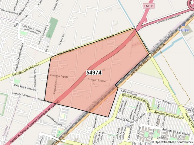 Mapa del código postal 54974, Tultepec, México