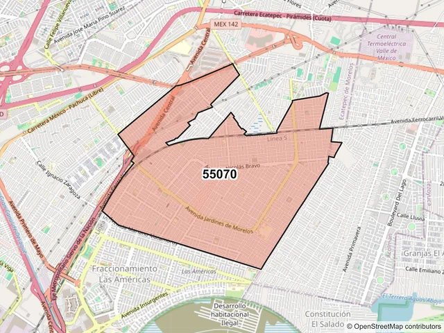 Mapa del código postal 55070, Ecatepec de Morelos, México