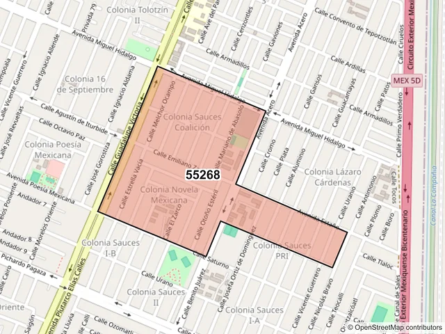 Mapa del código postal 55268, Ecatepec de Morelos, México
